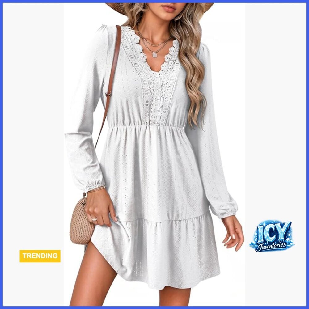 Lace Hollow Out Embroidered V-Neck Long Sleeve A-Line Mini Dress